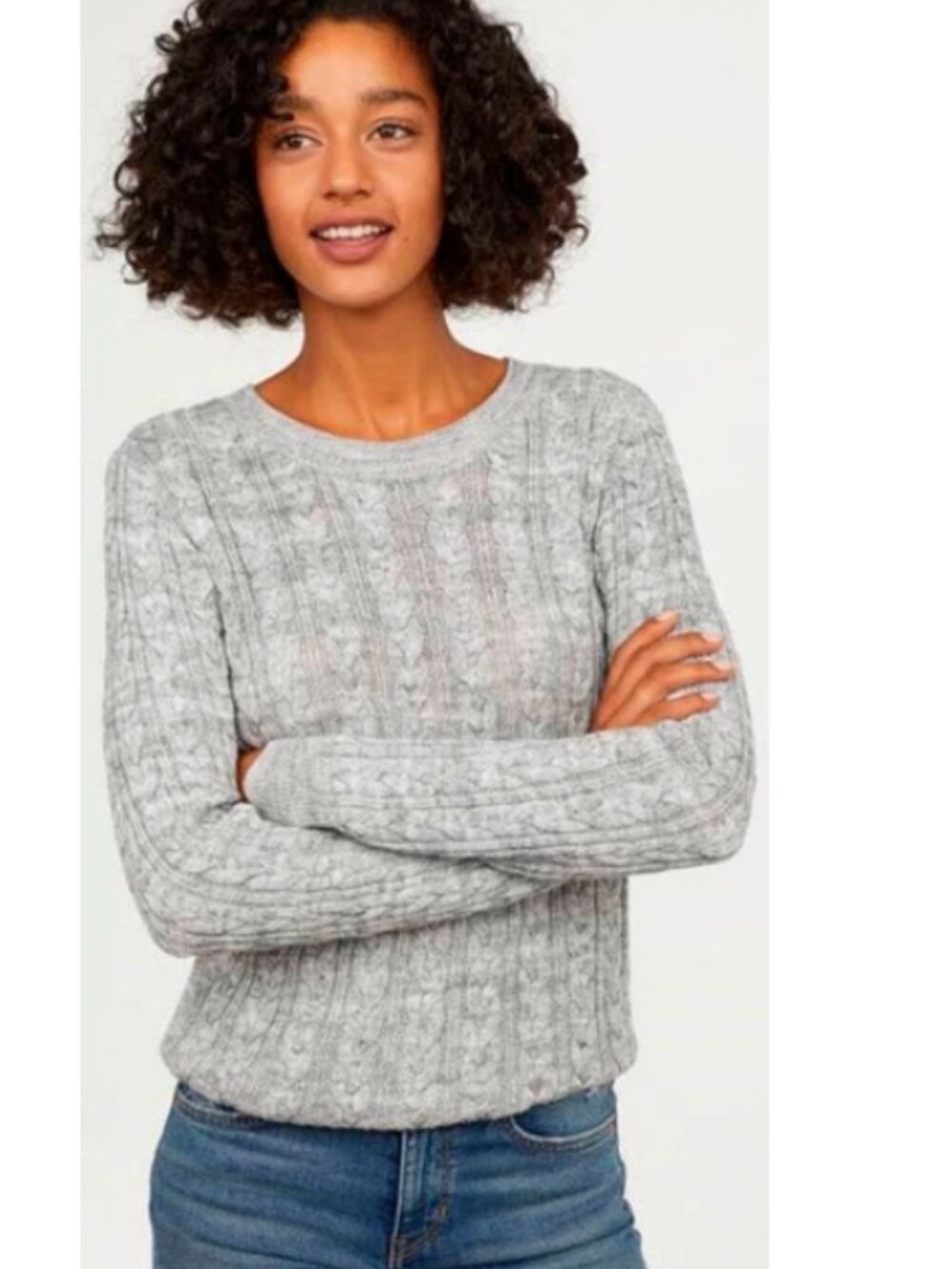 H&M Grey Melange Cable Knit Heathered Crew Neck Long Sleeve Sweater